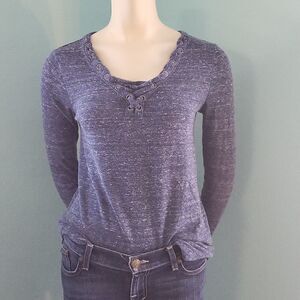 Rock & Republic blue marled long sleeve top with grommet and tie detail